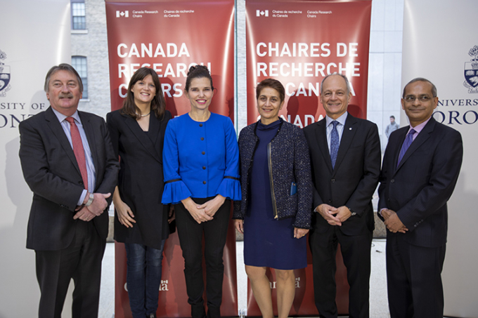 From left to right: SSHRC President Ted Hewitt, Assistant Professor Angela Schoellig, Federal Science Minister Kirsty Duncan, Professor Rama Khokha, U of T President Meric Gertler and U of T Vice-President, Research and Innovation Vivek Goel (photo by Nic